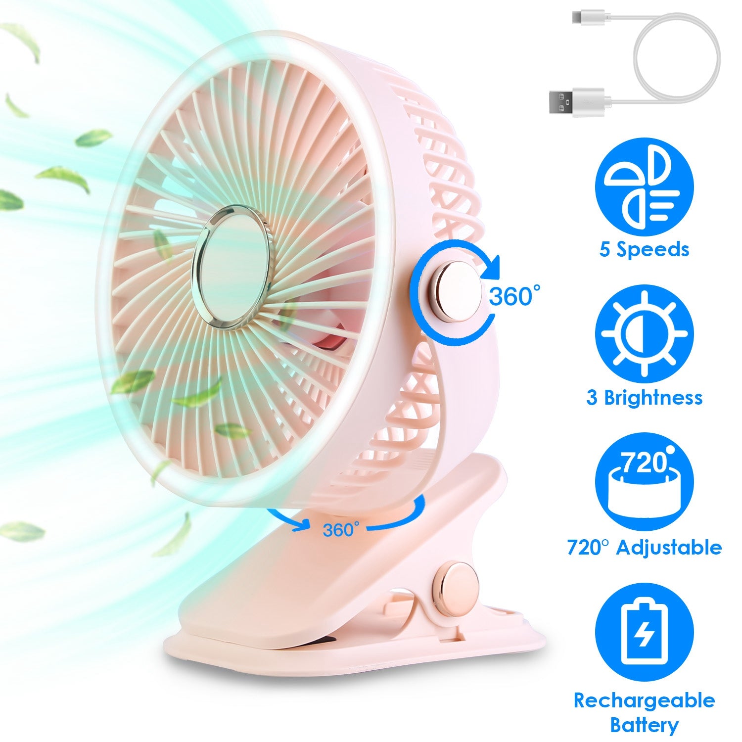 ChillClip™  5-Speed Portable Fan | 720° Rotation, LED Light, USB-C Rechargeable
