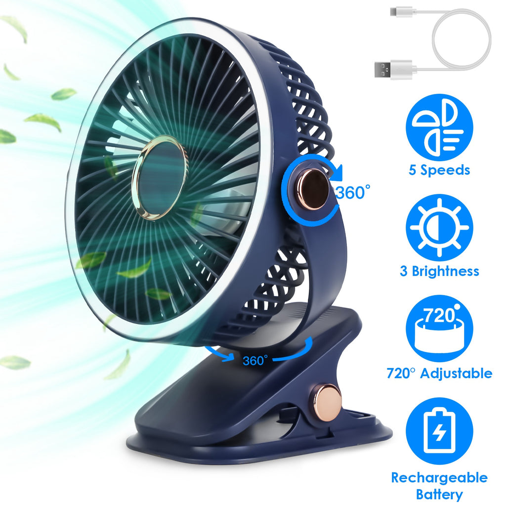 ChillClip™  5-Speed Portable Fan | 720° Rotation, LED Light, USB-C Rechargeable