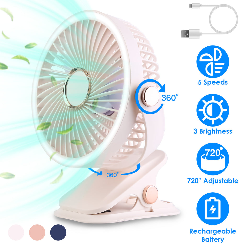 ChillClip™  5-Speed Portable Fan | 720° Rotation, LED Light, USB-C Rechargeable